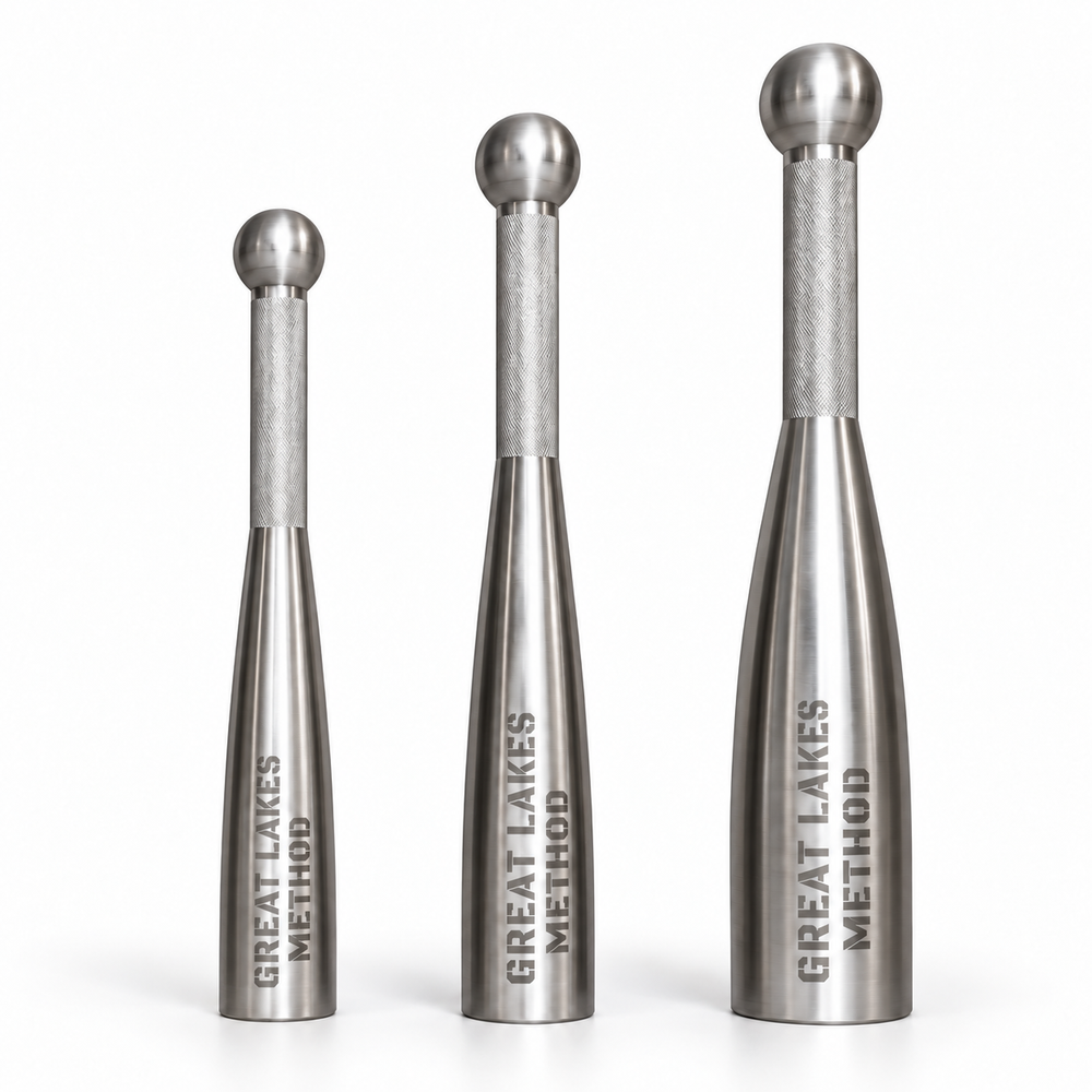 Studio rendering of Great Lakes Method stainless steel clubs in three sizes