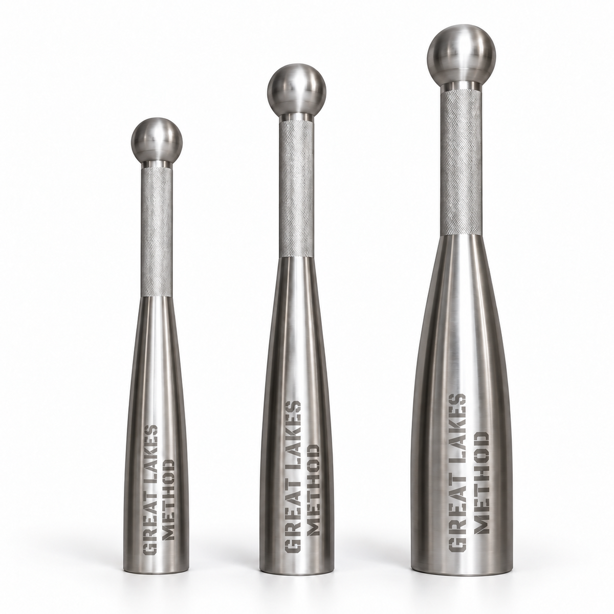 Studio rendering of Great Lakes Method 304 stainless steel clubs in three sizes